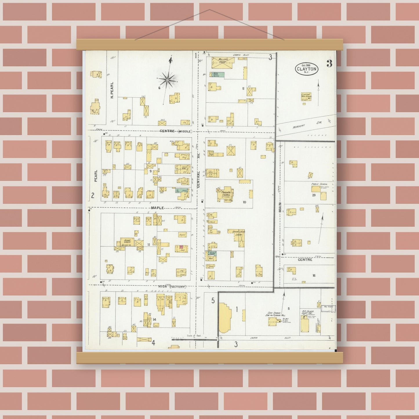 Old map wall art mockup — magnetic wood frame on brick wall — Sanborn Fire Insurance Map from Clayton, Gloucester County, New Jersey (1900), Sheet #0003