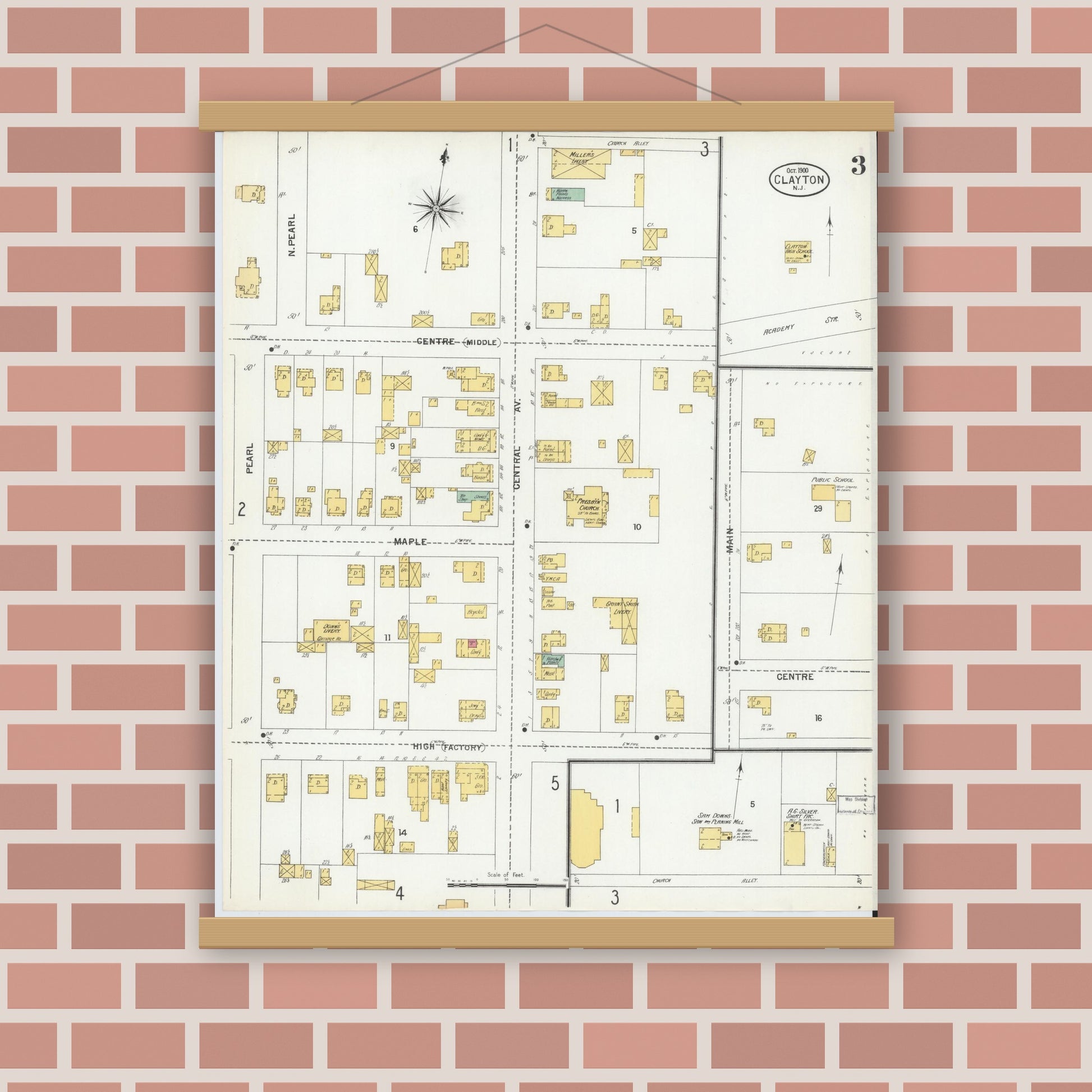 Old map wall art mockup — magnetic wood frame on brick wall — Sanborn Fire Insurance Map from Clayton, Gloucester County, New Jersey (1900), Sheet #0003