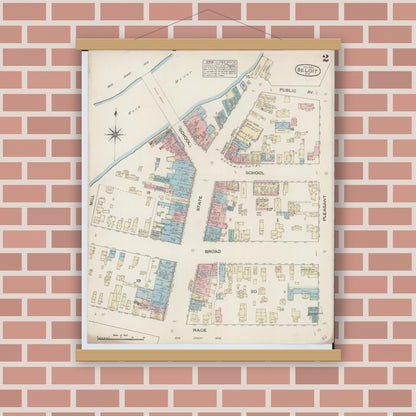 Old map wall art mockup — magnetic wood frame on brick wall — Sanborn Fire Insurance Map from Beloit, Rock County, Wisconsin (1884) - Complete Map Set
