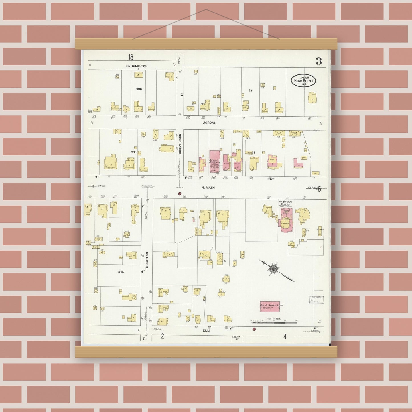 Old map wall art mockup — magnetic wood frame on brick wall — Sanborn Fire Insurance Map from High Point, Guilford County, North Carolina (1911), Sheet #0003