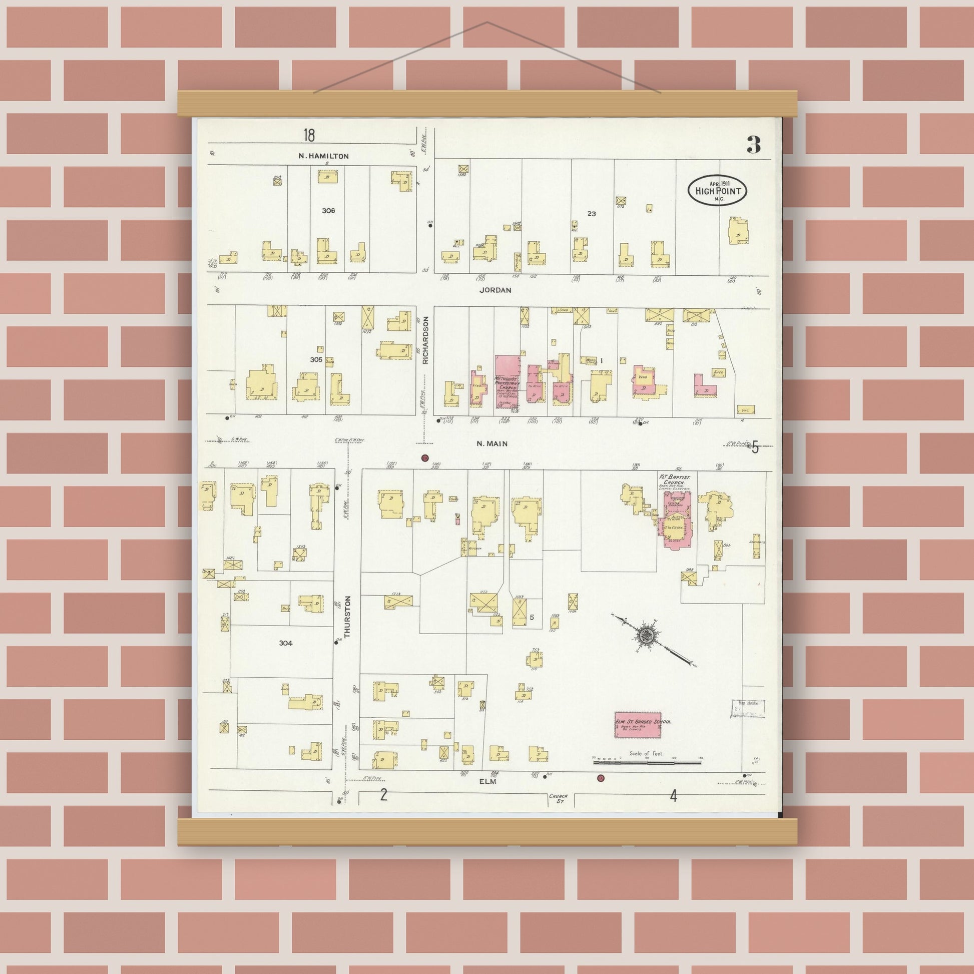 Old map wall art mockup — magnetic wood frame on brick wall — Sanborn Fire Insurance Map from High Point, Guilford County, North Carolina (1911), Sheet #0003