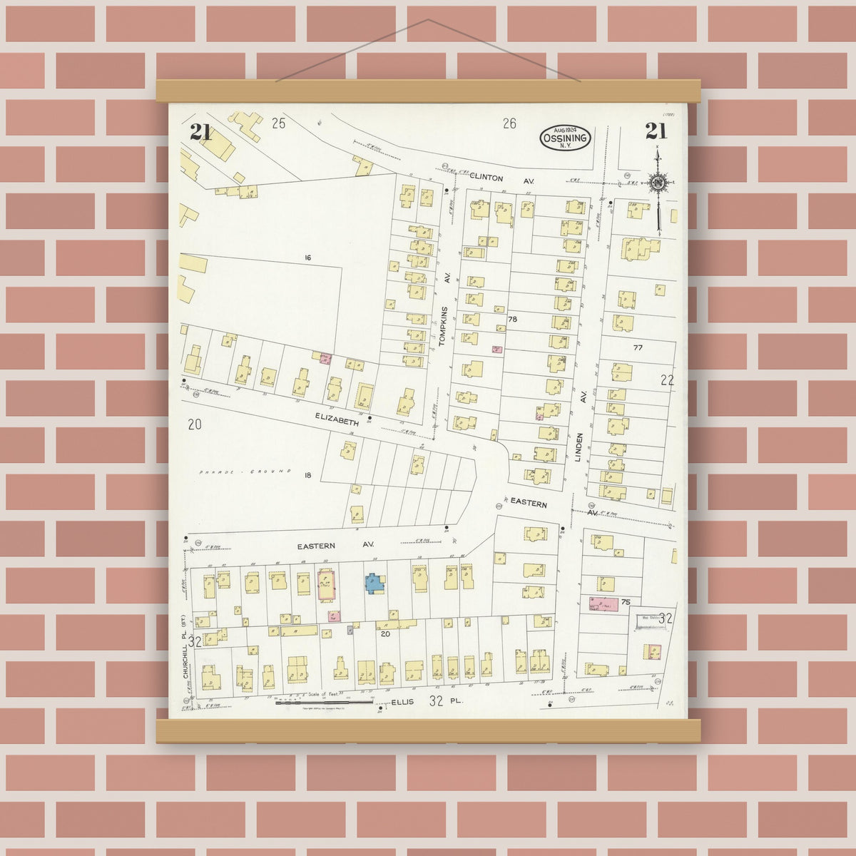 Old map wall art mockup — magnetic wood frame on brick wall — Sanborn Fire Insurance Map from Ossining, Westchester County, New York (1924), Sheet #0021