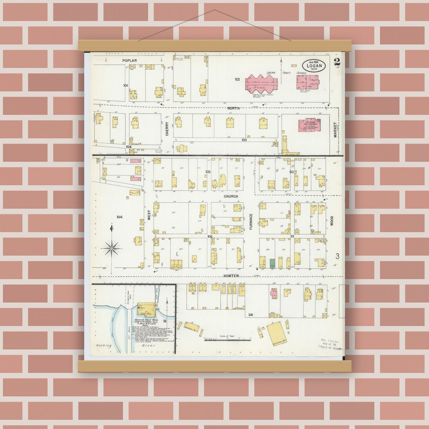 Old map wall art mockup — magnetic wood frame on brick wall — Sanborn Fire Insurance Map from Logan, Hocking County, Ohio (1900), Sheet #0002