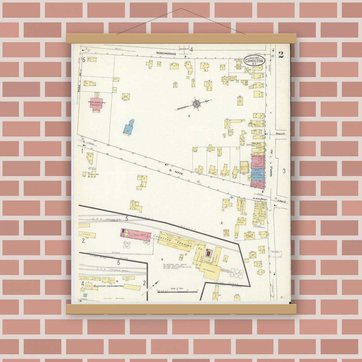 Old map wall art mockup — magnetic wood frame on brick wall — Sanborn Fire Insurance Map from Cohocton, Steuben County, New York (1913), Sheet #0002