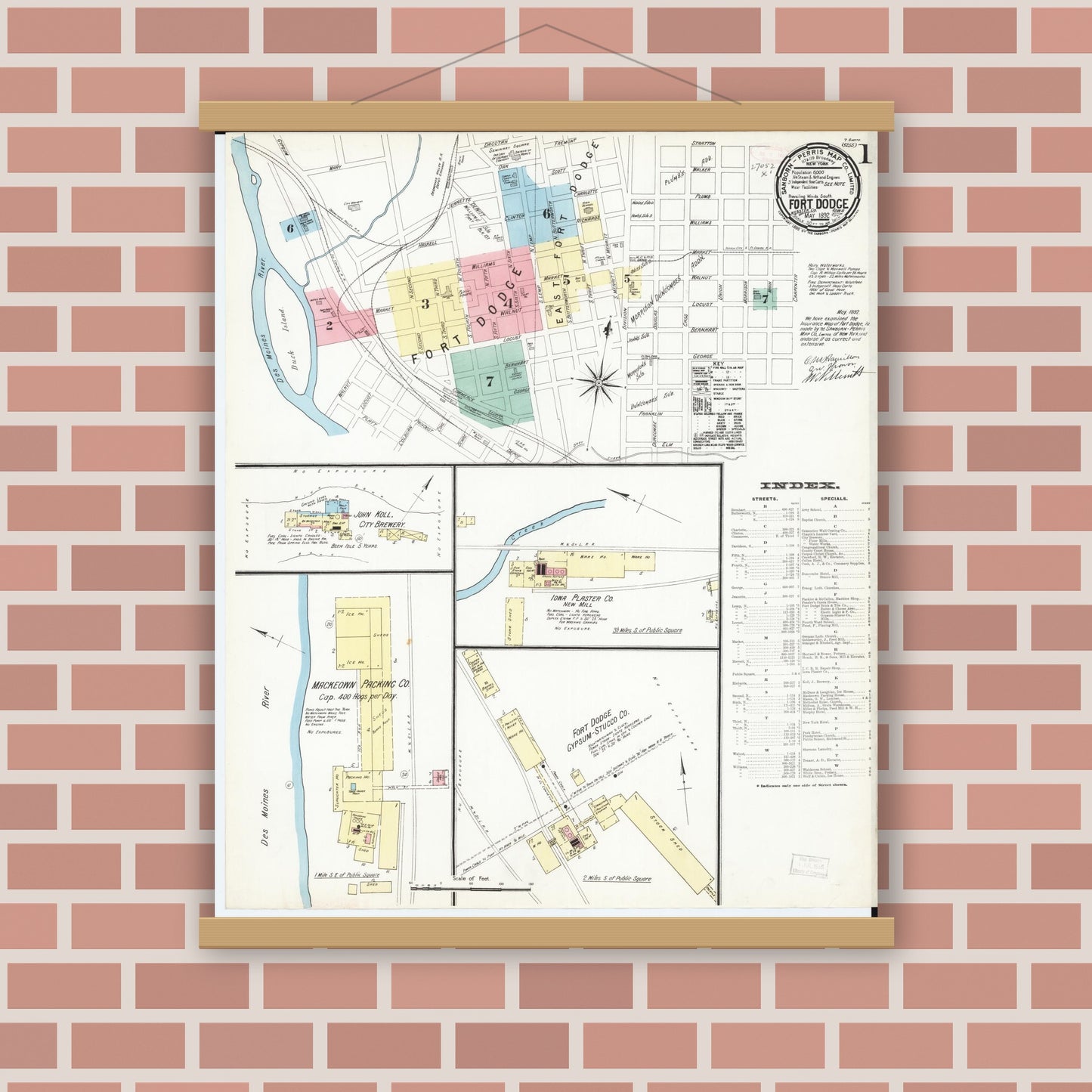 Old map wall art mockup — magnetic wood frame on brick wall — Sanborn Fire Insurance Map from Fort Dodge, Webster County, Iowa (1892), Sheet #0001