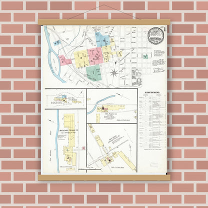 Old map wall art mockup — magnetic wood frame on brick wall — Sanborn Fire Insurance Map from Fort Dodge, Webster County, Iowa (1892), Sheet #0001