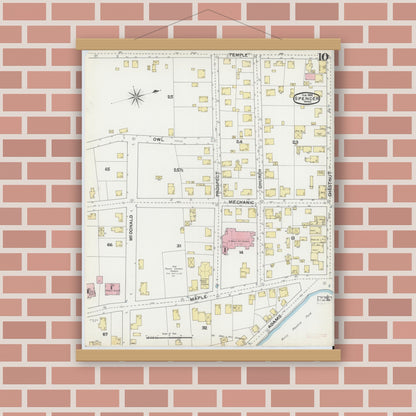 Old map wall art mockup — magnetic wood frame on brick wall — Sanborn Fire Insurance Map from Spencer, Worcester County, Massachusetts (1892), Sheet #0010