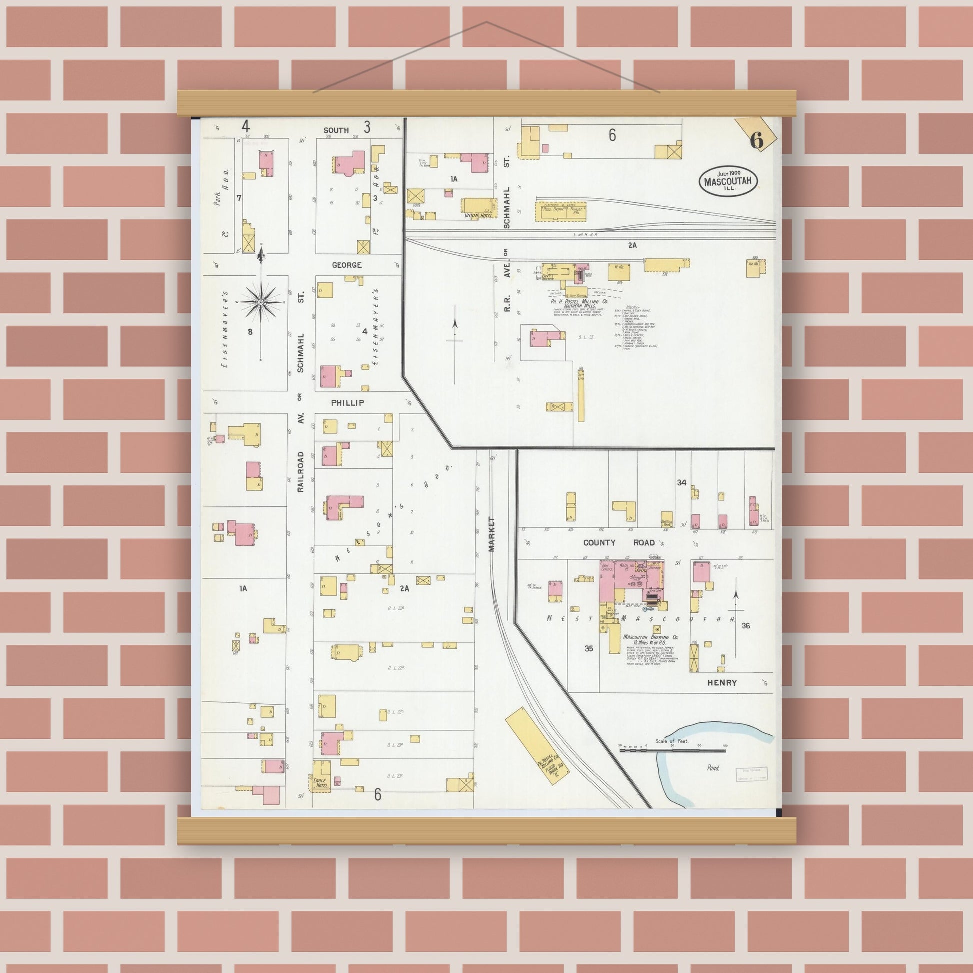 Old map wall art mockup — magnetic wood frame on brick wall — Sanborn Fire Insurance Map from Mascoutah, Saint Clair County, Illinois (1900), Sheet #0006