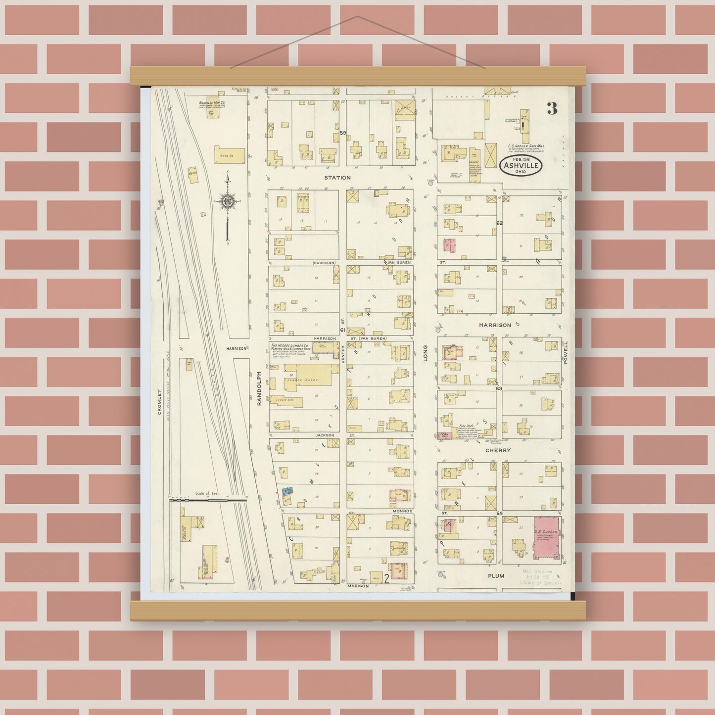 Old map wall art mockup — magnetic wood frame on brick wall — Sanborn Fire Insurance Map from Ashville, Pickaway County, Ohio (1916), Sheet #0003