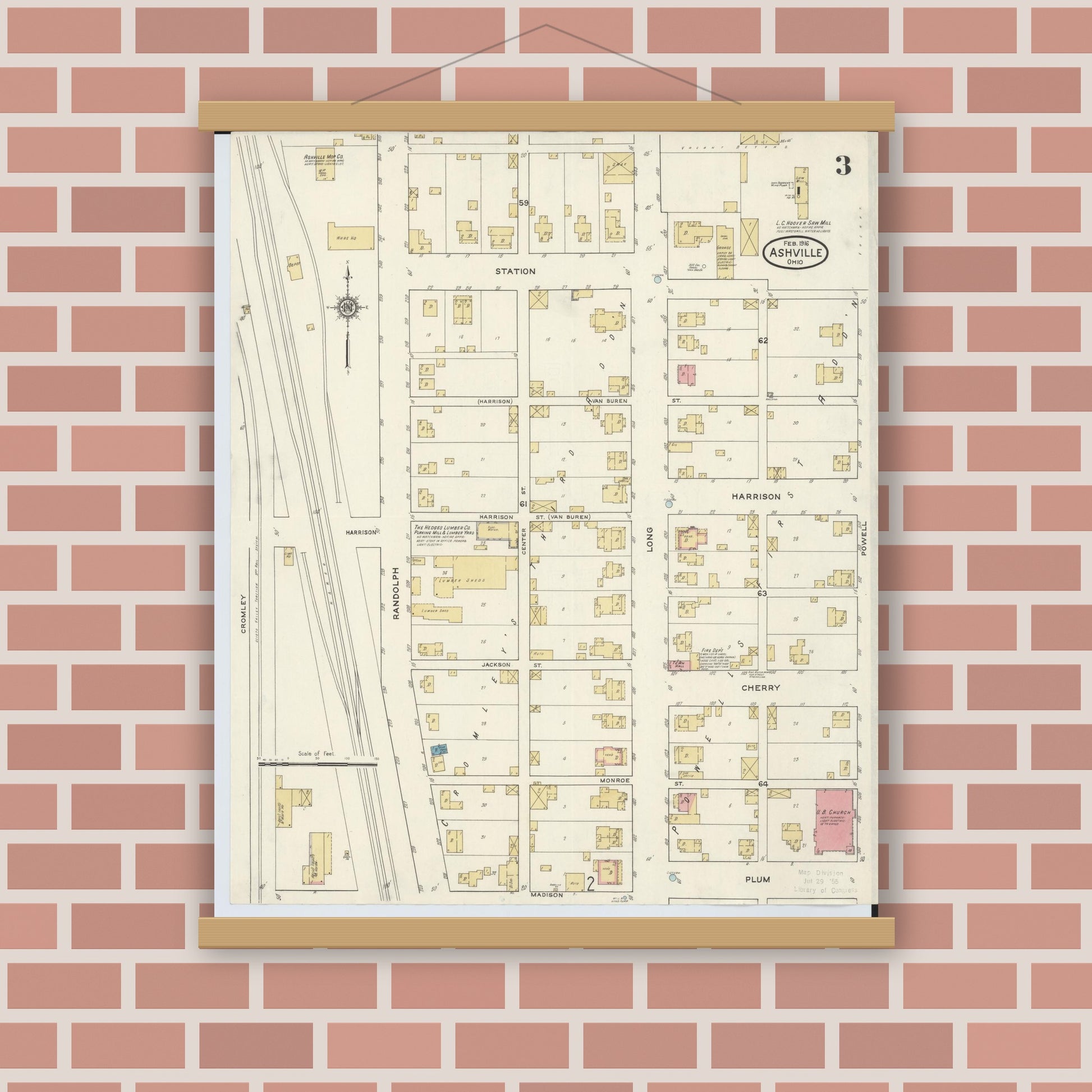 Old map wall art mockup — magnetic wood frame on brick wall — Sanborn Fire Insurance Map from Ashville, Pickaway County, Ohio (1916), Sheet #0003