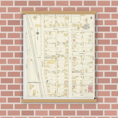 Old map wall art mockup — magnetic wood frame on brick wall — Sanborn Fire Insurance Map from Ashville, Pickaway County, Ohio (1916), Sheet #0003