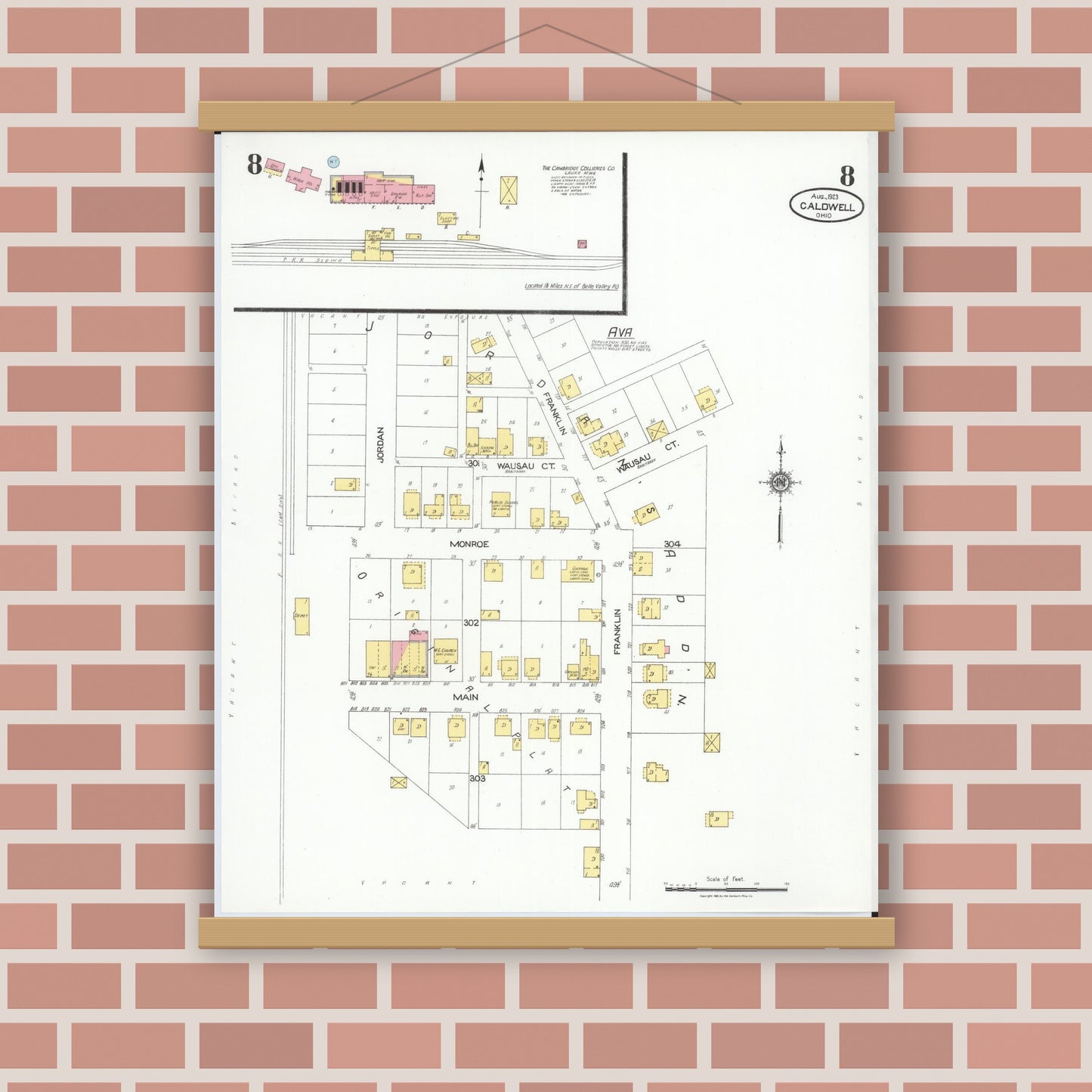 Old map wall art mockup — magnetic wood frame on brick wall — Sanborn Fire Insurance Map from Caldwell, Noble County, Ohio (1923), Sheet #0008