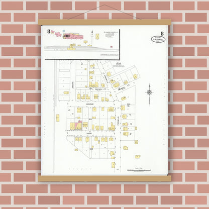 Old map wall art mockup — magnetic wood frame on brick wall — Sanborn Fire Insurance Map from Caldwell, Noble County, Ohio (1923), Sheet #0008