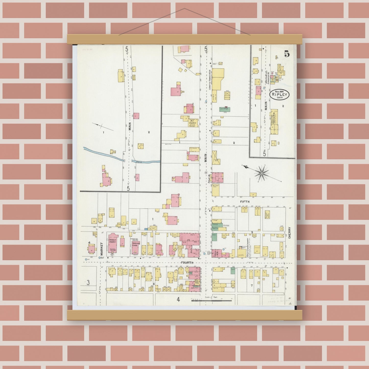 Old map wall art mockup — magnetic wood frame on brick wall — Sanborn Fire Insurance Map from Ripley, Brown County, Ohio (1904), Sheet #0005