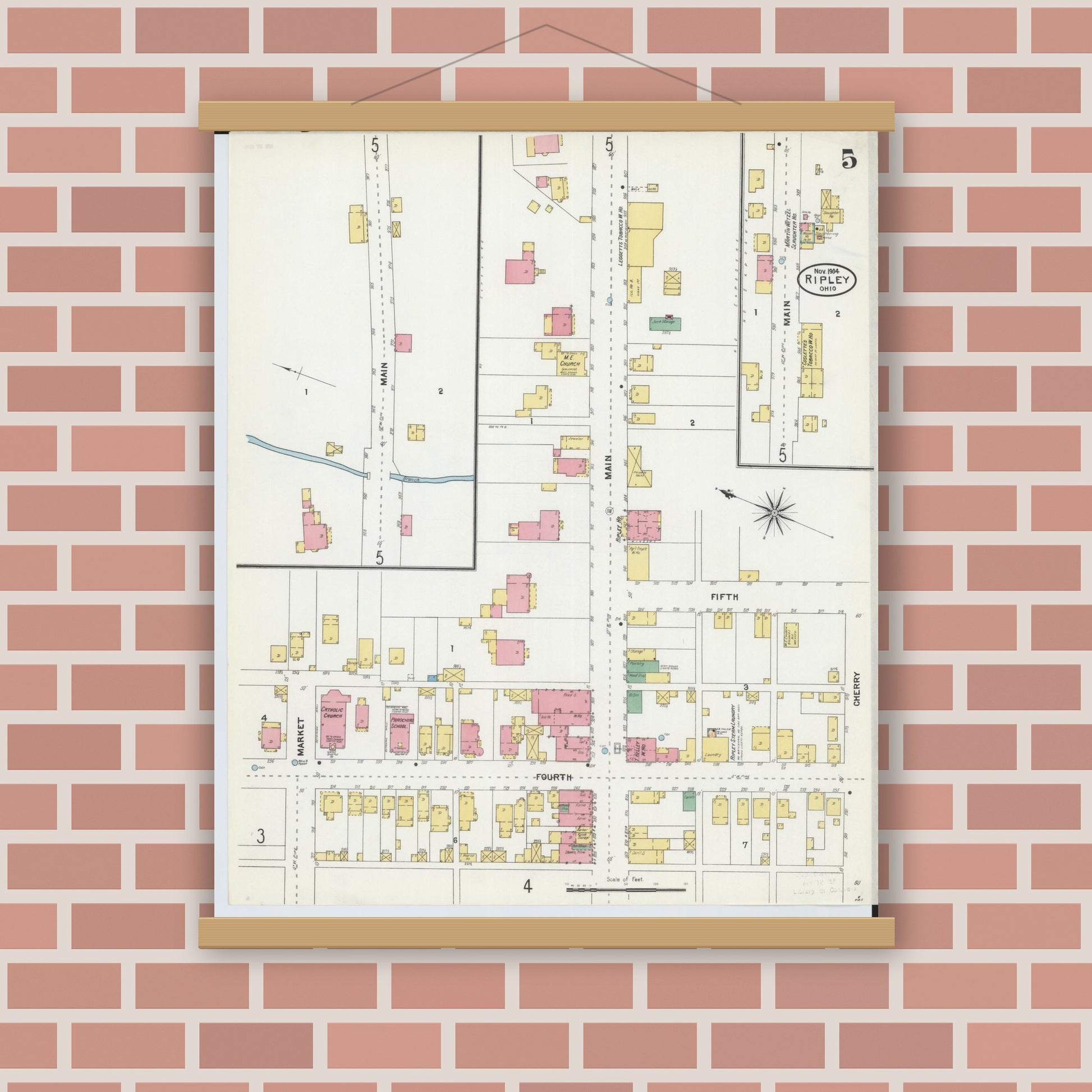 Old map wall art mockup — magnetic wood frame on brick wall — Sanborn Fire Insurance Map from Ripley, Brown County, Ohio (1904), Sheet #0005