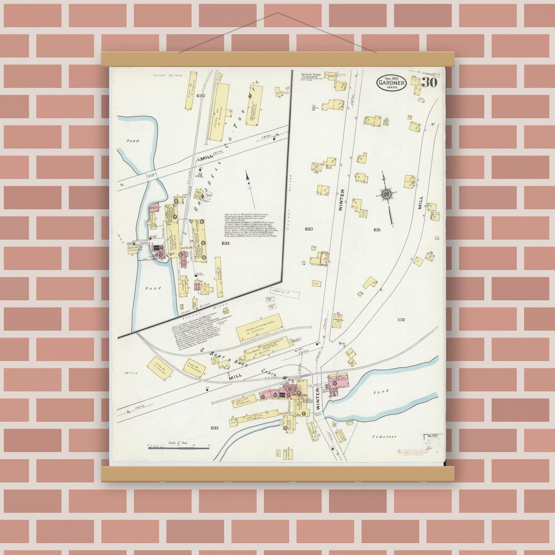 Old map wall art mockup — magnetic wood frame on brick wall — Sanborn Fire Insurance Map from Gardner, Worcester County, Massachusetts (1909), Sheet #0030