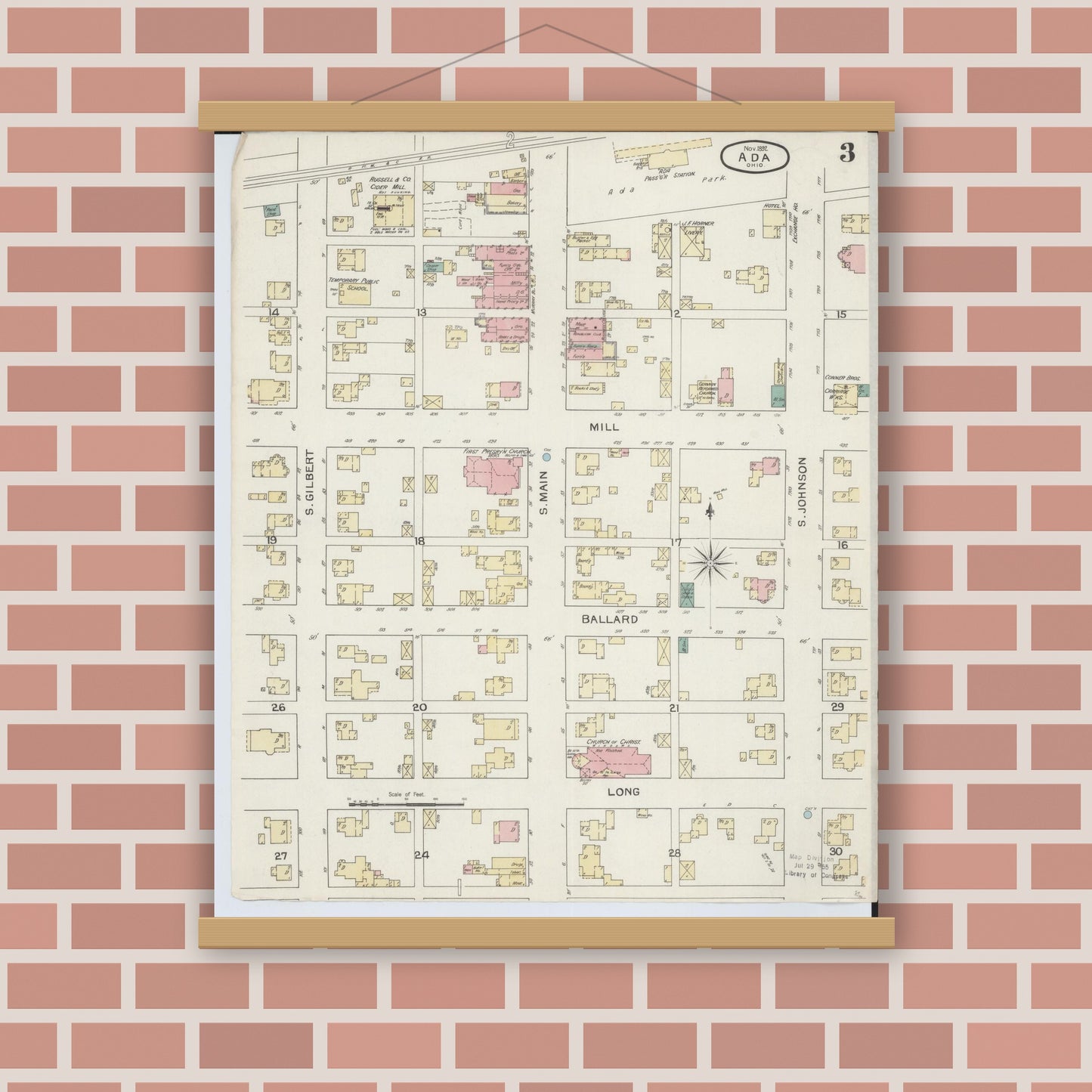 Old map wall art mockup — magnetic wood frame on brick wall — Sanborn Fire Insurance Map from Ada, Hardin County, Ohio (1892), Sheet #0003