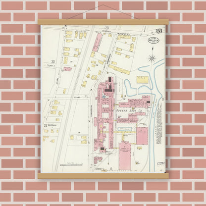 Old map wall art mockup — magnetic wood frame on brick wall — Sanborn Fire Insurance Map from Malden, Middlesex County, Massachusetts (1897), Sheet #0028