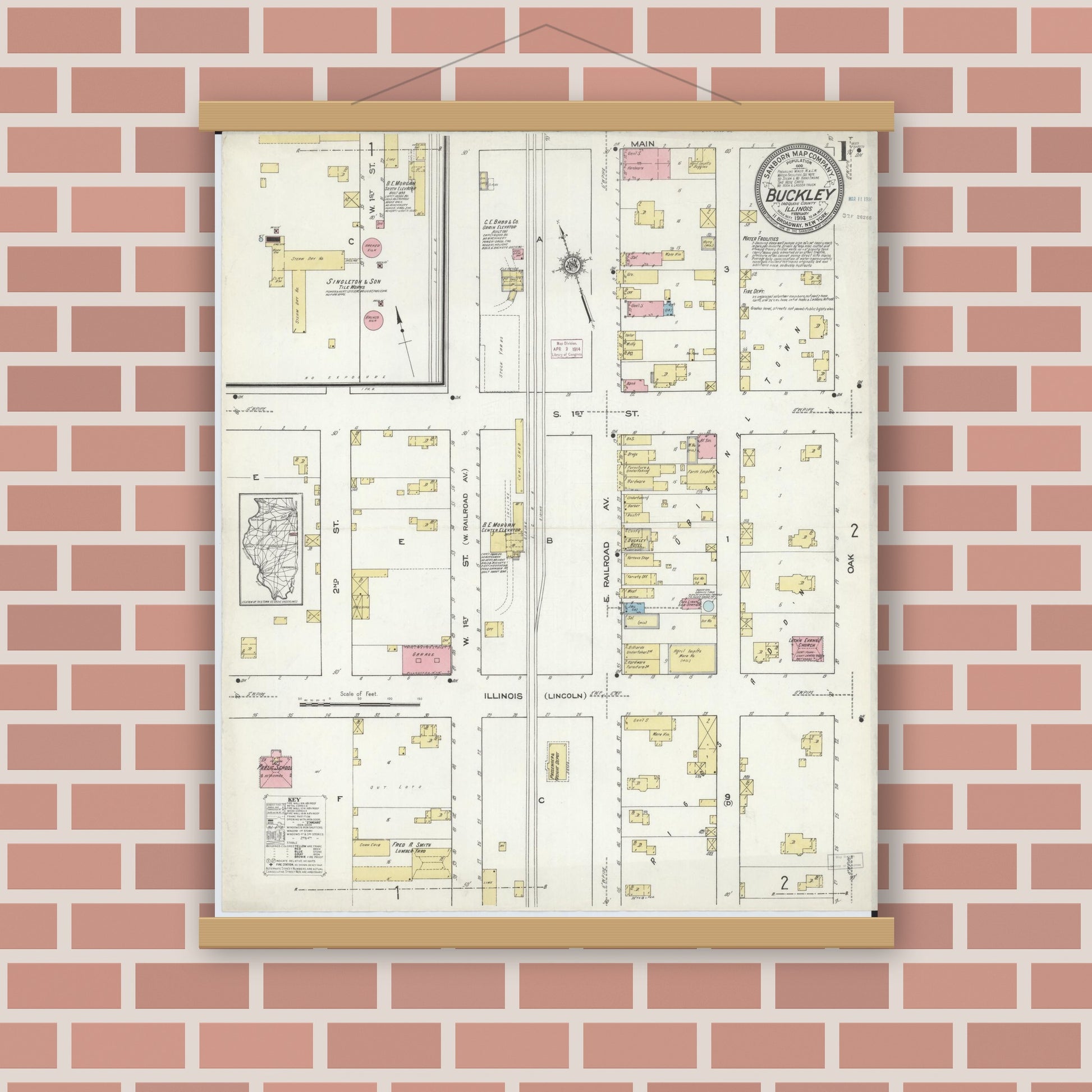 Old map wall art mockup — magnetic wood frame on brick wall — Sanborn Fire Insurance Map from Buckley, Iroquois County, Illinois (1914) - Complete Map Set