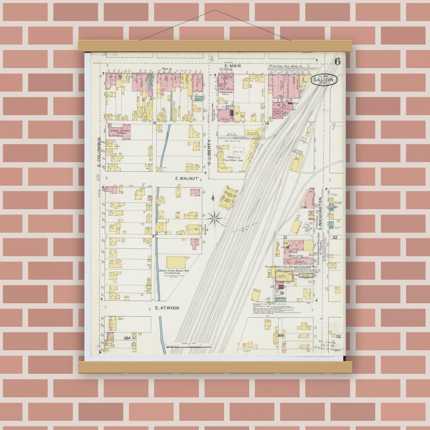 Old map wall art mockup — magnetic wood frame on brick wall — Sanborn Fire Insurance Map from Galion, Crawford County, Ohio (1892), Sheet #0006