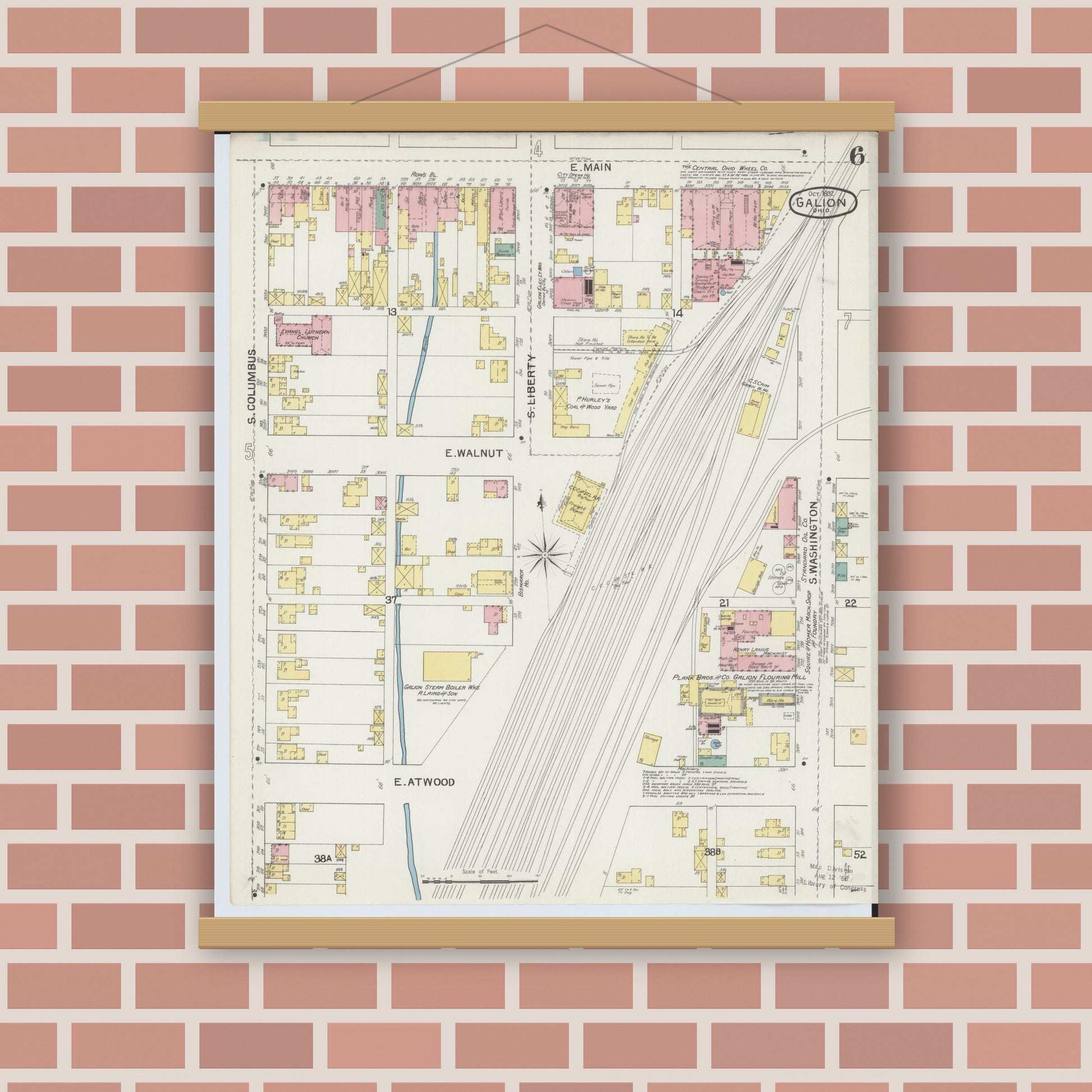 Old map wall art mockup — magnetic wood frame on brick wall — Sanborn Fire Insurance Map from Galion, Crawford County, Ohio (1892), Sheet #0006