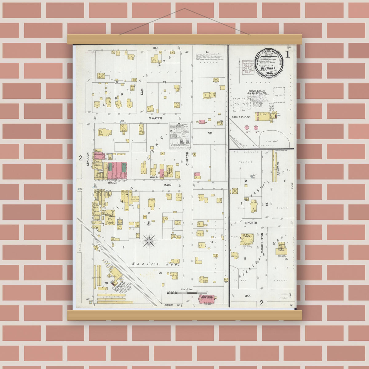 Old map wall art mockup — magnetic wood frame on brick wall — Sanborn Fire Insurance Map from Bethany, Moultrie County, Illinois (1901) - Complete Map Set