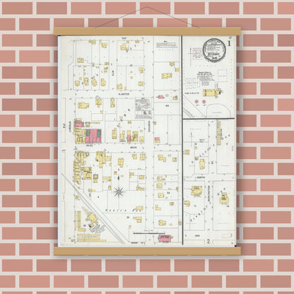 Old map wall art mockup — magnetic wood frame on brick wall — Sanborn Fire Insurance Map from Bethany, Moultrie County, Illinois (1901) - Complete Map Set