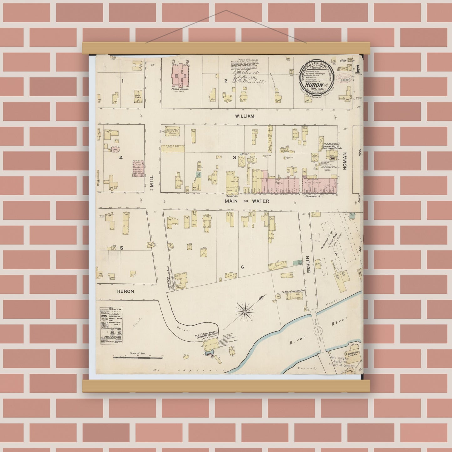 Old map wall art mockup — magnetic wood frame on brick wall — Sanborn Fire Insurance Map from Huron, Erie County, Ohio (1888) - Complete Map Set