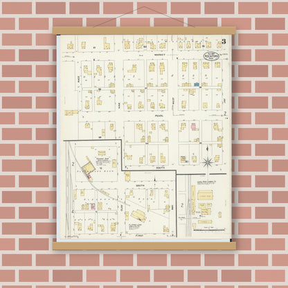 Old map wall art mockup — magnetic wood frame on brick wall — Sanborn Fire Insurance Map from Rockford, Mercer County, Ohio (1907), Sheet #0003