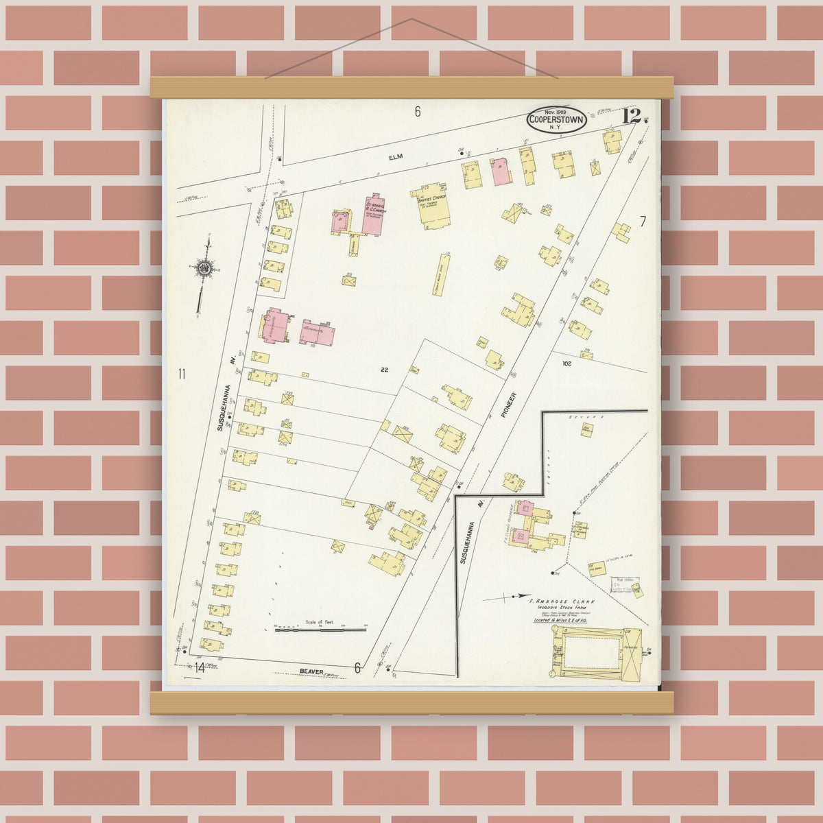 Old map wall art mockup — magnetic wood frame on brick wall — Sanborn Fire Insurance Map from Cooperstown, Otsego County, New York (1909), Sheet #0012