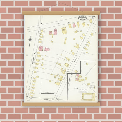 Old map wall art mockup — magnetic wood frame on brick wall — Sanborn Fire Insurance Map from Cooperstown, Otsego County, New York (1909), Sheet #0012