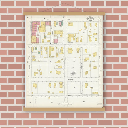 Old map wall art mockup — magnetic wood frame on brick wall — Sanborn Fire Insurance Map from Orlando, Orange County, Florida (1903), Sheet #0003