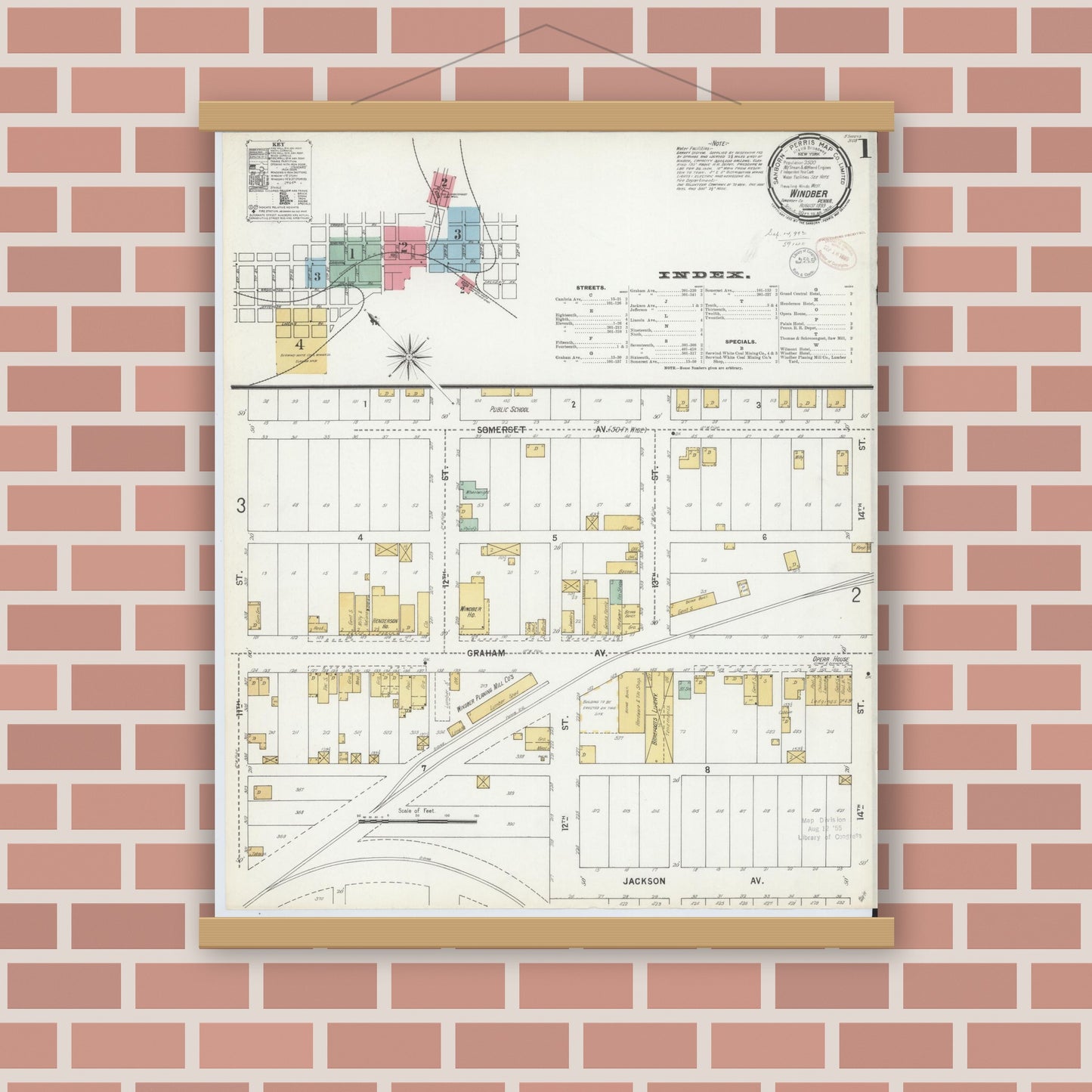 Old map wall art mockup — magnetic wood frame on brick wall — Sanborn Fire Insurance Map from Windber, Somerset County, Pennsylvania (1899) - Complete Map Set