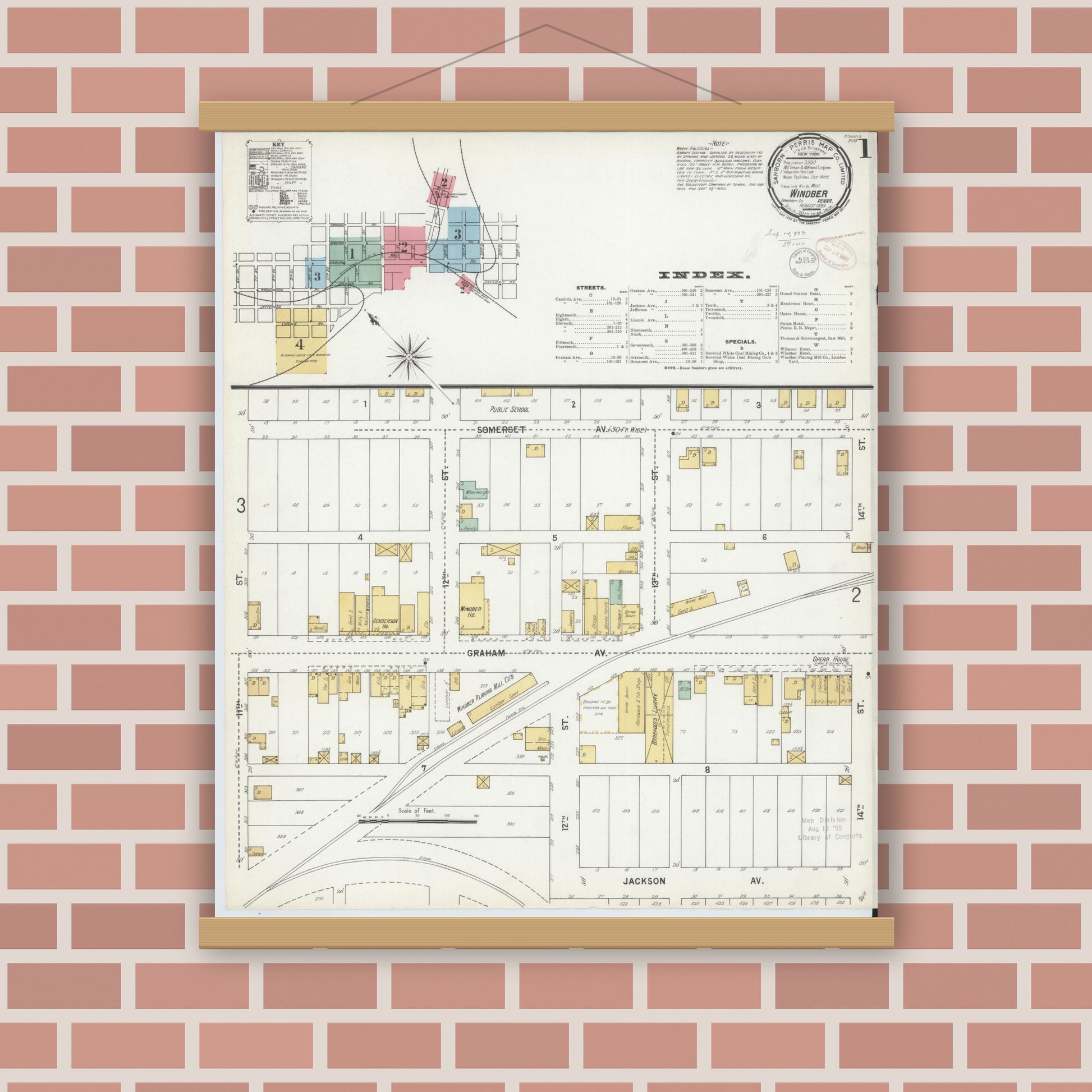 Old map wall art mockup — magnetic wood frame on brick wall — Sanborn Fire Insurance Map from Windber, Somerset County, Pennsylvania (1899) - Complete Map Set