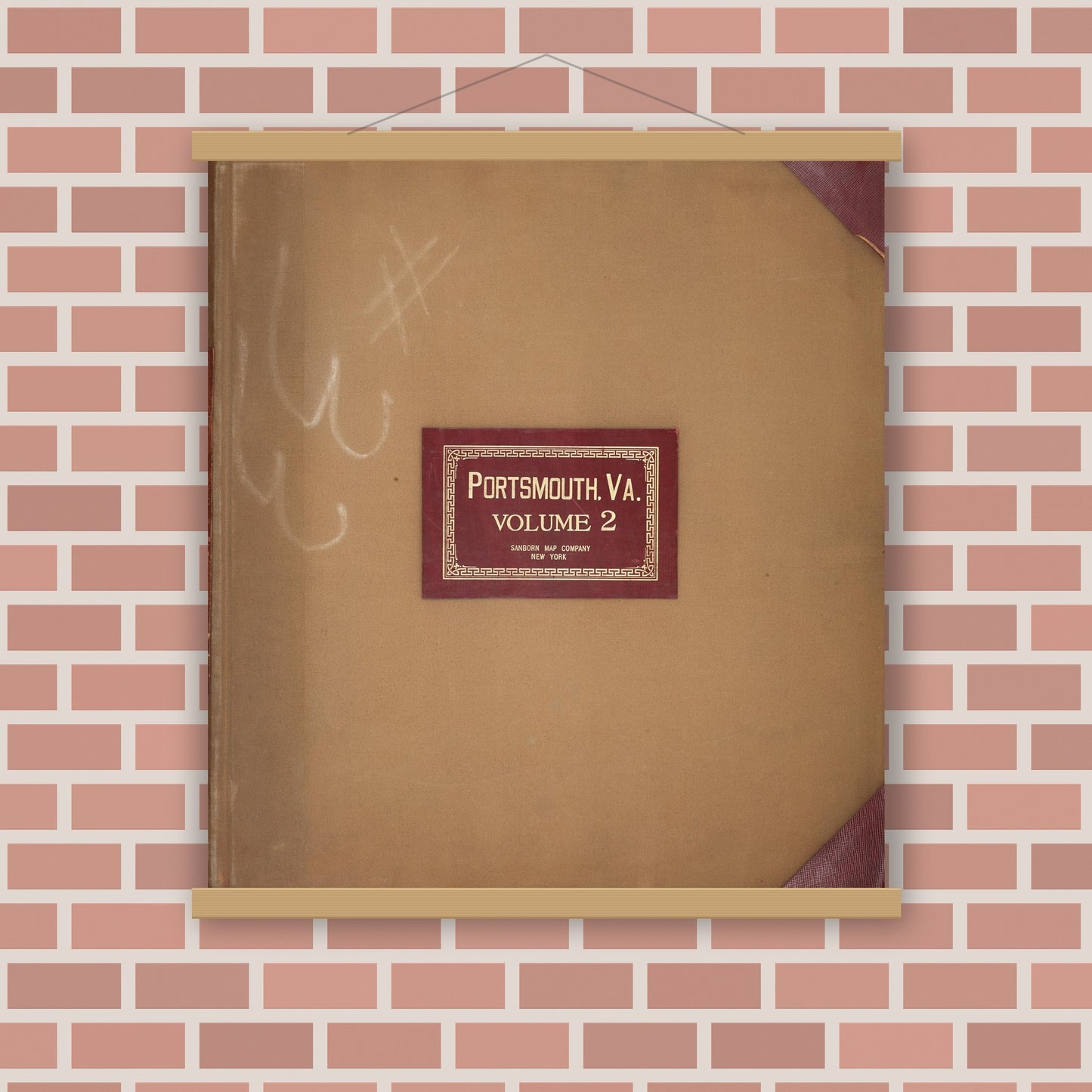 Old map wall art mockup — magnetic wood frame on brick wall — Sanborn Fire Insurance Map from Portsmouth, Independent Cities, Virginia (1950), Sheet #0001