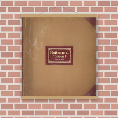 Old map wall art mockup — magnetic wood frame on brick wall — Sanborn Fire Insurance Map from Portsmouth, Independent Cities, Virginia (1950), Sheet #0001
