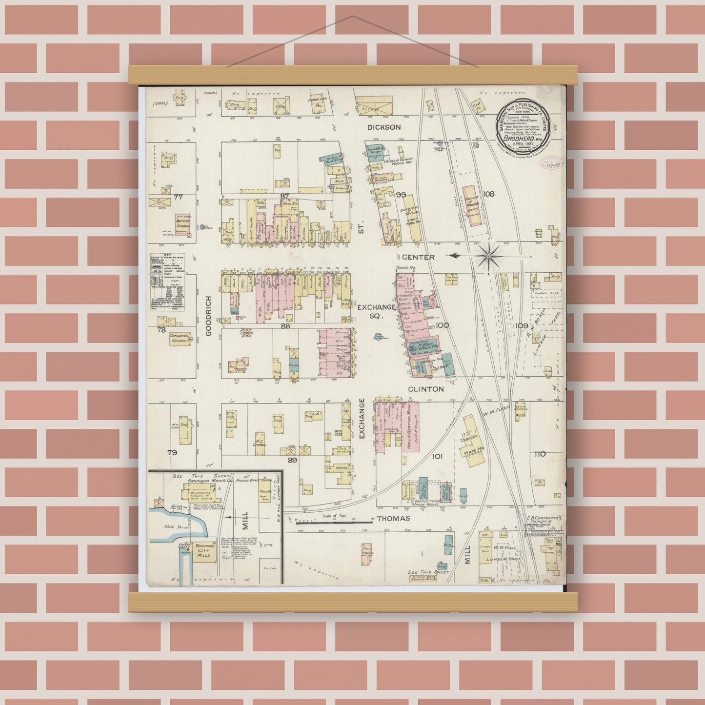Old map wall art mockup — magnetic wood frame on brick wall — Sanborn Fire Insurance Map from Brodhead, Green County, Wisconsin (1887), Sheet #0001
