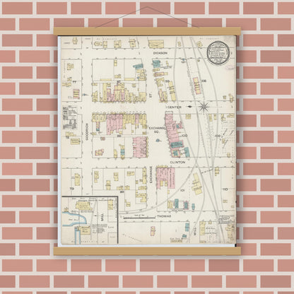 Old map wall art mockup — magnetic wood frame on brick wall — Sanborn Fire Insurance Map from Brodhead, Green County, Wisconsin (1887), Sheet #0001