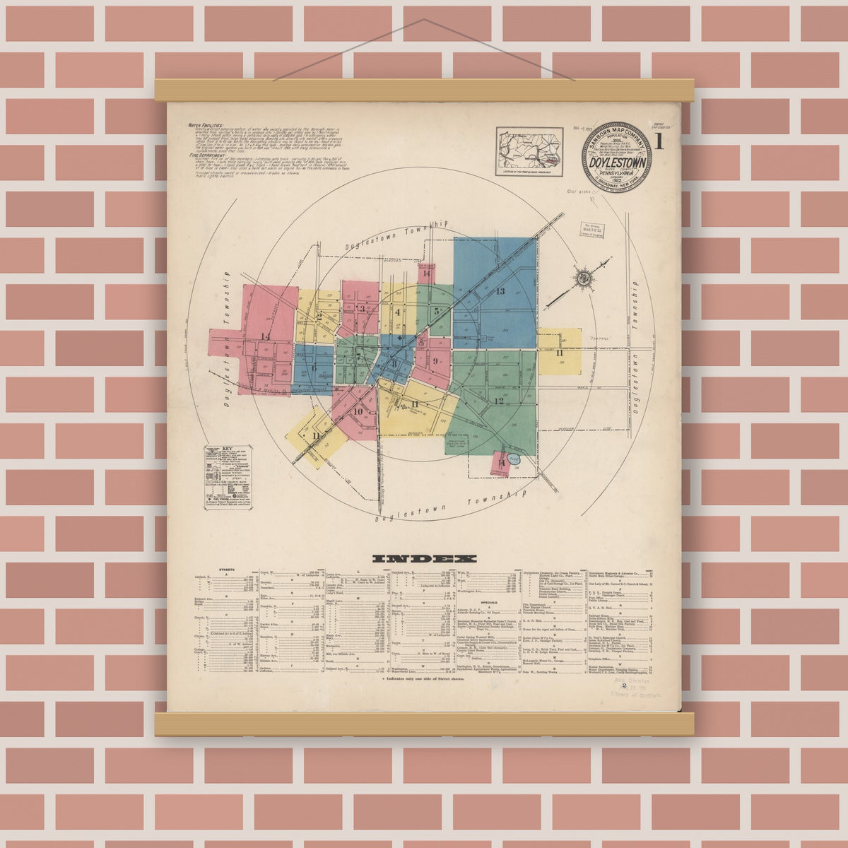 Old map wall art mockup — magnetic wood frame on brick wall — Sanborn Fire Insurance Map from Doylestown, Bucks County, Pennsylvania (1922), Sheet #0001