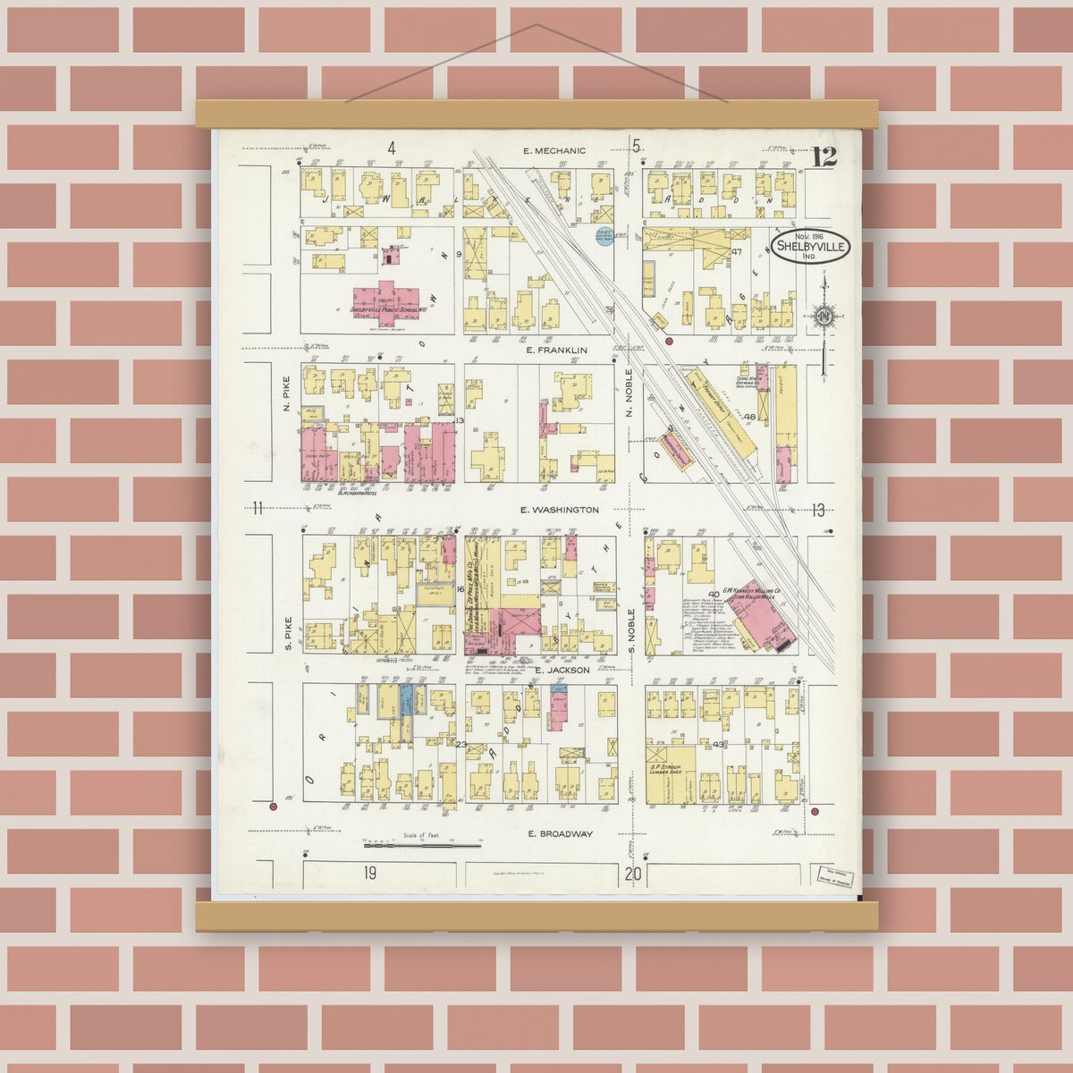 Old map wall art mockup — magnetic wood frame on brick wall — Sanborn Fire Insurance Map from Shelbyville, Shelby County, Indiana (1916), Sheet #0012