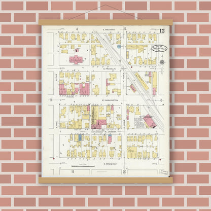Old map wall art mockup — magnetic wood frame on brick wall — Sanborn Fire Insurance Map from Shelbyville, Shelby County, Indiana (1916), Sheet #0012