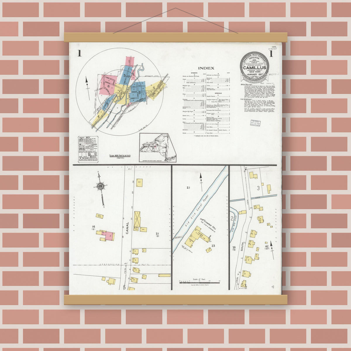 Old map wall art mockup — magnetic wood frame on brick wall — Sanborn Fire Insurance Map from Camillus, Onondaga County, New York (1927) - Complete Map Set