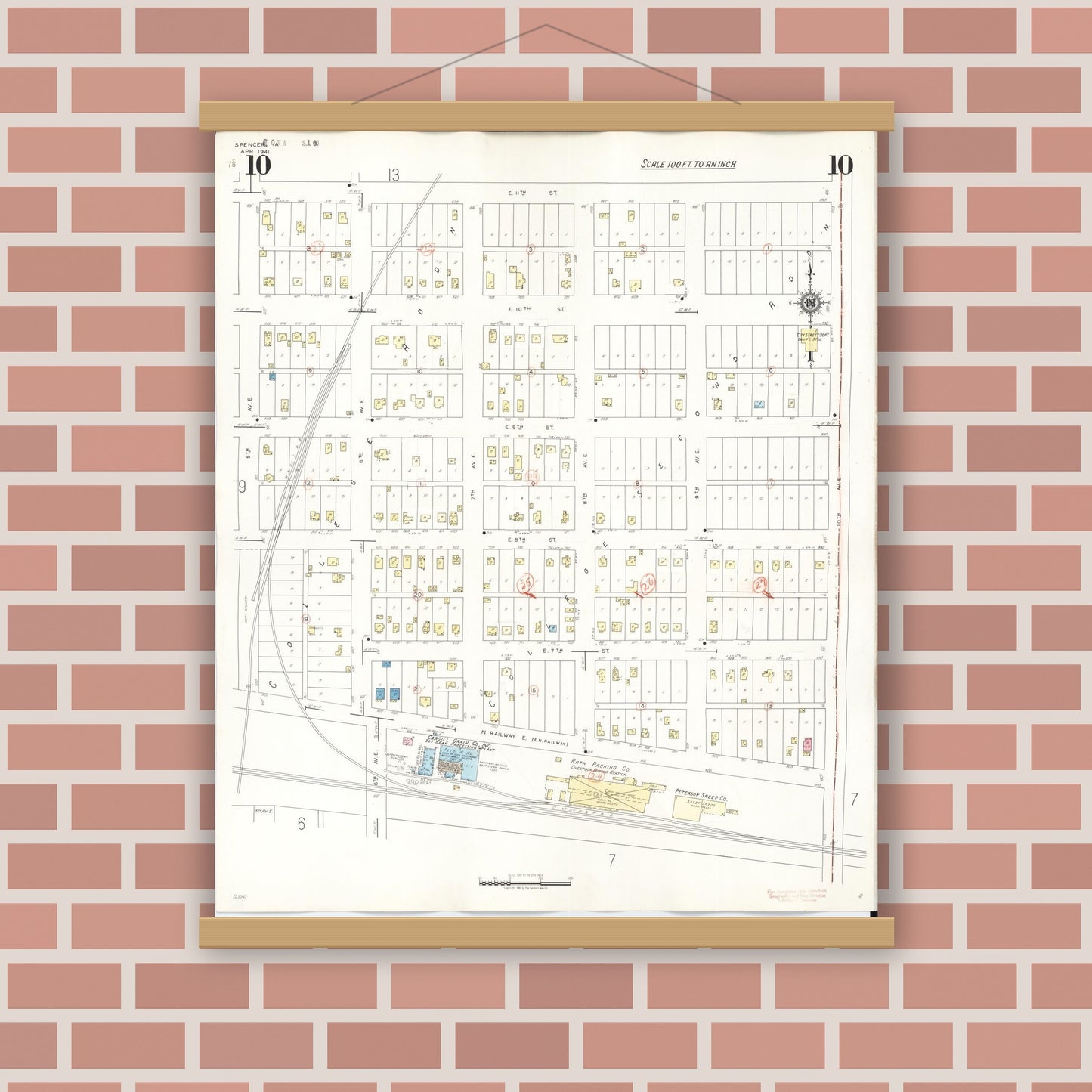 Old map wall art mockup — magnetic wood frame on brick wall — Sanborn Fire Insurance Map from Spencer, Clay County, Iowa (1946), Sheet #0010