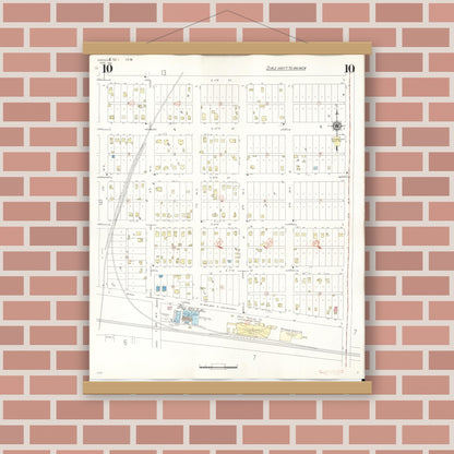 Old map wall art mockup — magnetic wood frame on brick wall — Sanborn Fire Insurance Map from Spencer, Clay County, Iowa (1946), Sheet #0010