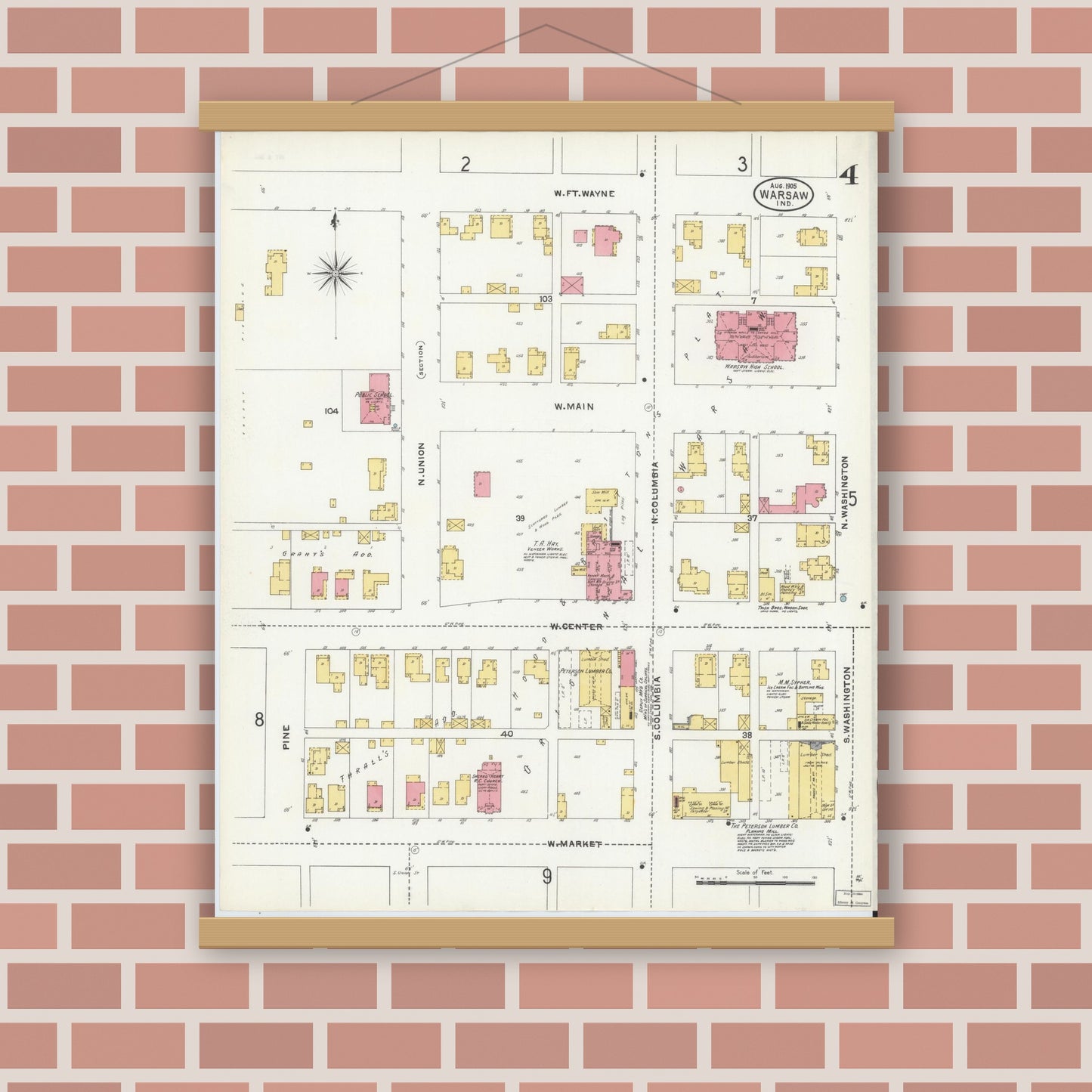 Old map wall art mockup — magnetic wood frame on brick wall — Sanborn Fire Insurance Map from Warsaw, Kosciusko County, Indiana (1905), Sheet #0004
