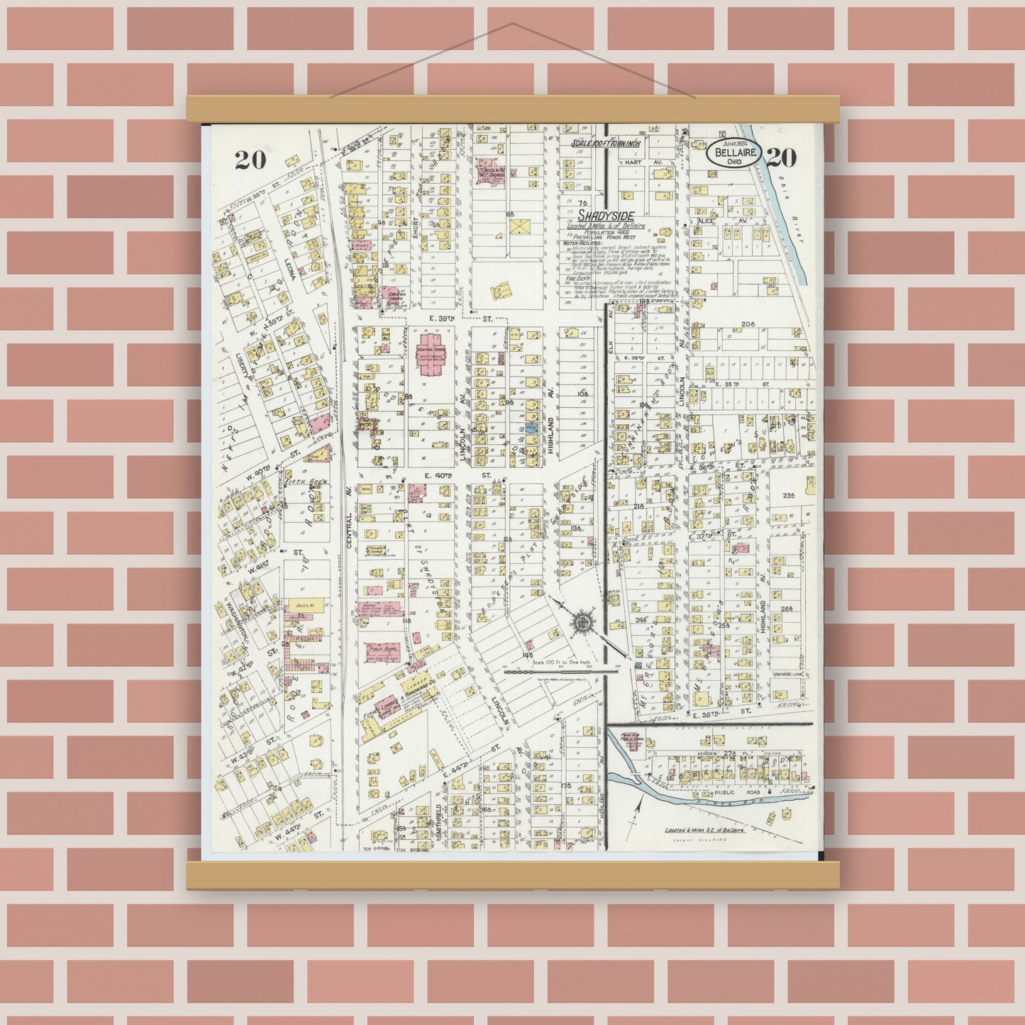 Old map wall art mockup — magnetic wood frame on brick wall — Sanborn Fire Insurance Map from Bellaire, Belmont County, Ohio (1924), Sheet #0020
