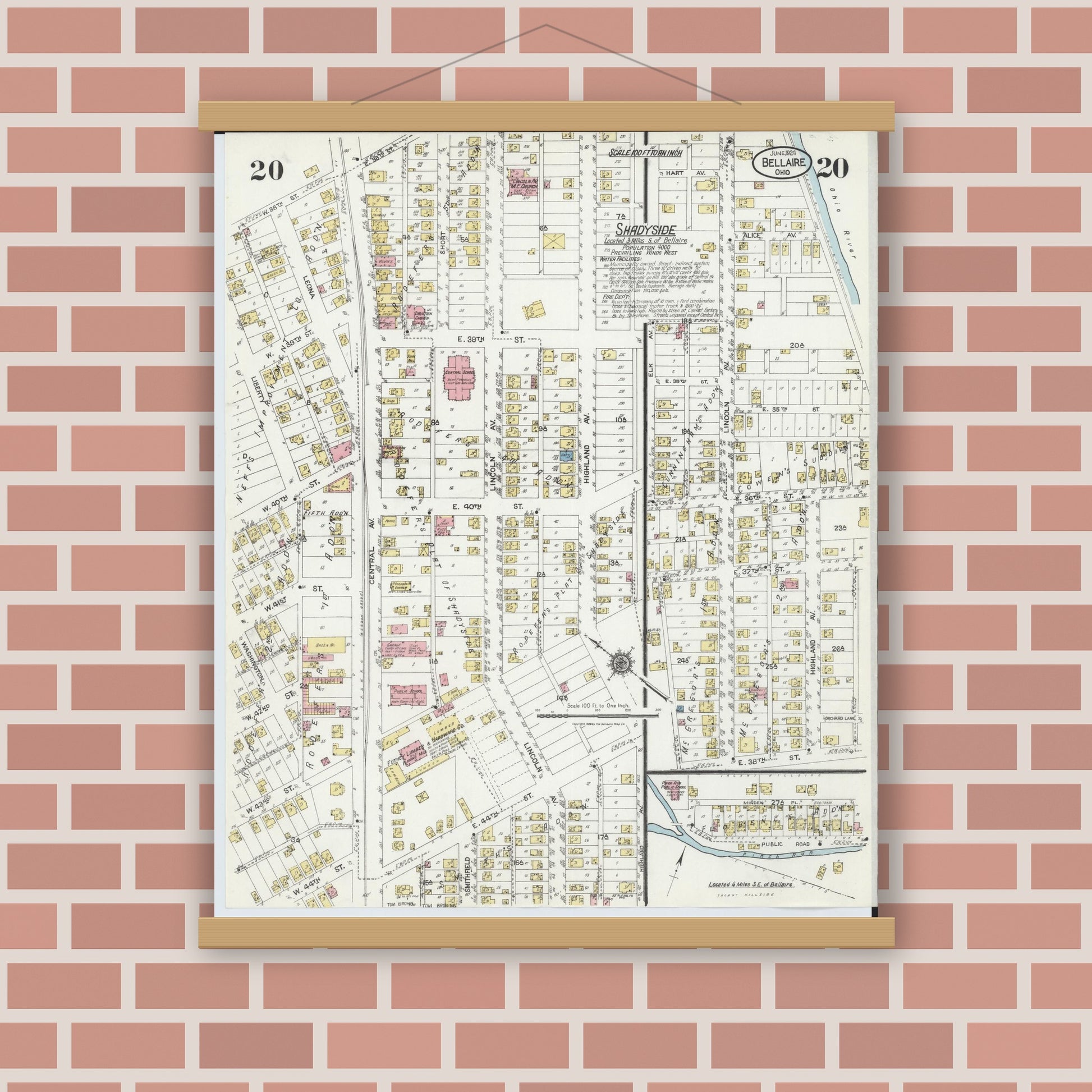 Old map wall art mockup — magnetic wood frame on brick wall — Sanborn Fire Insurance Map from Bellaire, Belmont County, Ohio (1924), Sheet #0020