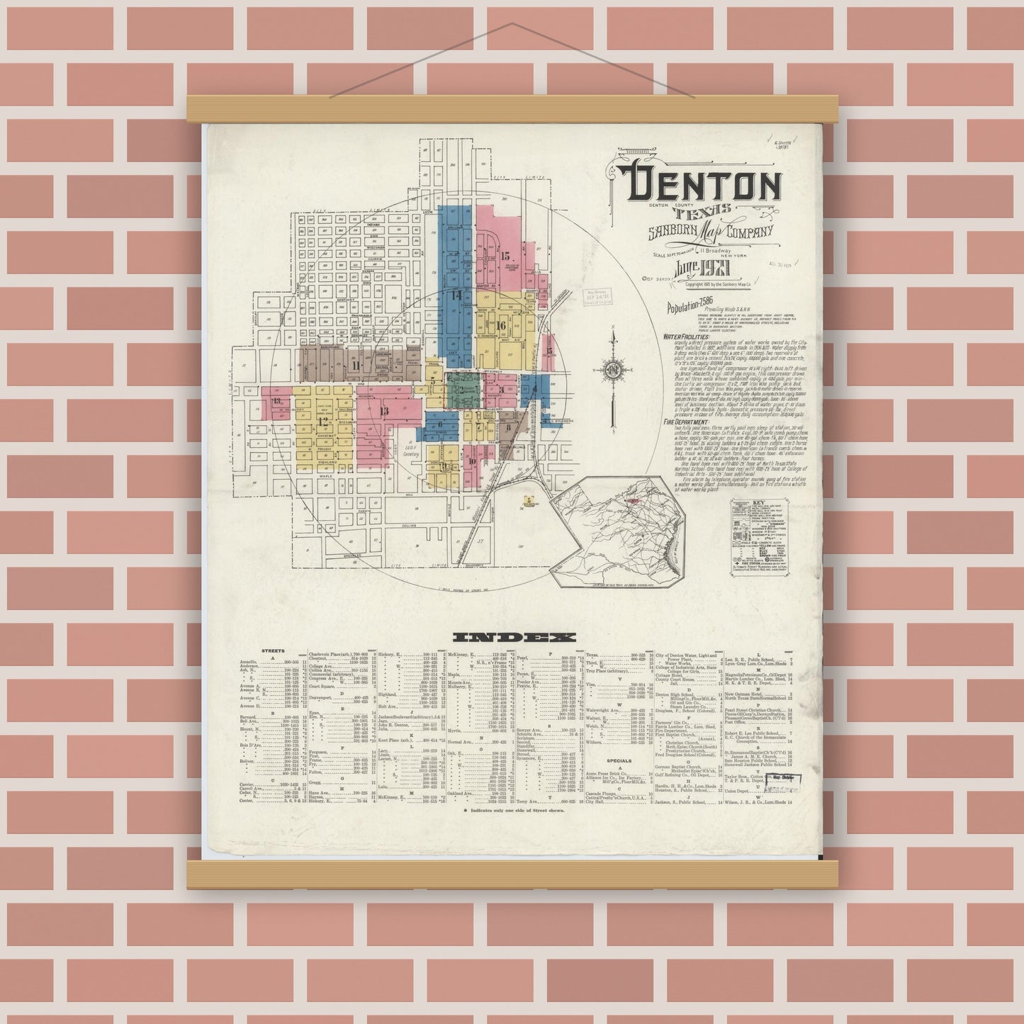 Old map wall art mockup — magnetic wood frame on brick wall — Sanborn Fire Insurance Map from Denton, Denton County, Texas (1921) - Complete Map Set