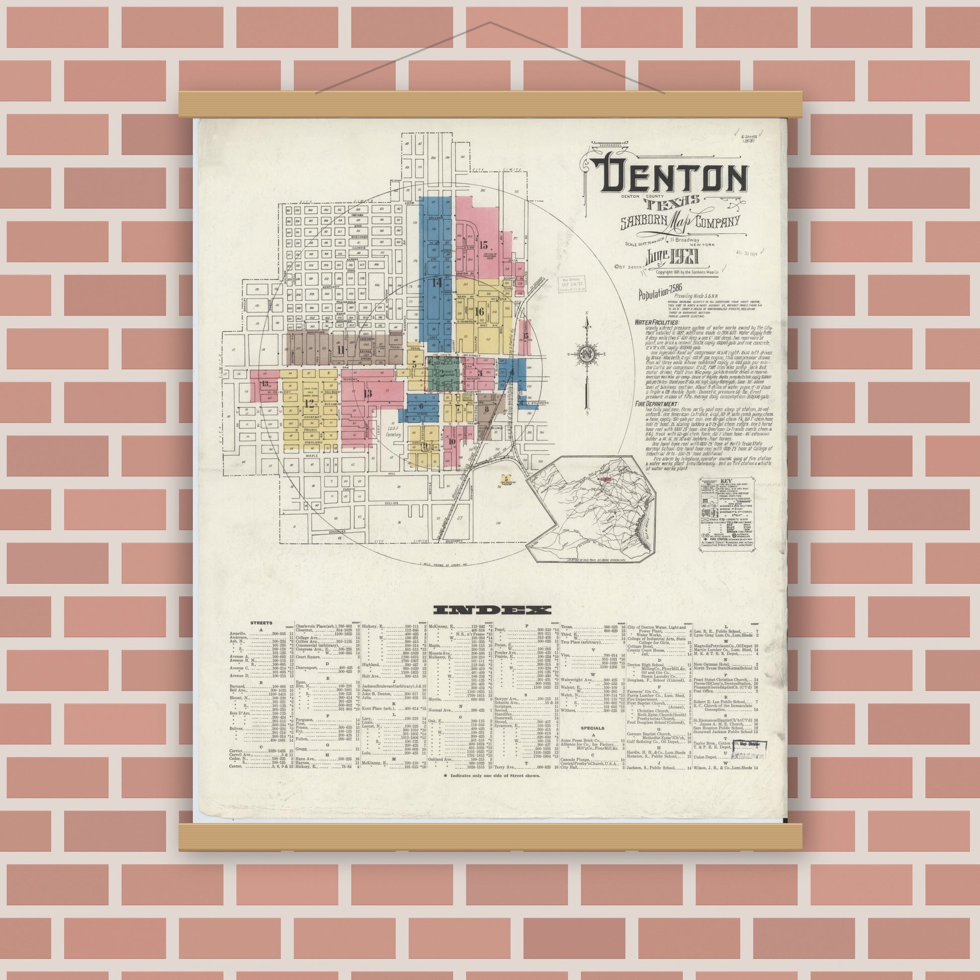 Old map wall art mockup — magnetic wood frame on brick wall — Sanborn Fire Insurance Map from Denton, Denton County, Texas (1921) - Complete Map Set