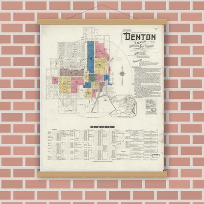 Old map wall art mockup — magnetic wood frame on brick wall — Sanborn Fire Insurance Map from Denton, Denton County, Texas (1921) - Complete Map Set